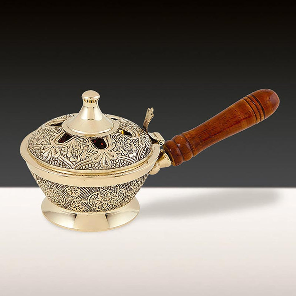 Ornate Incense Burner with Wood Handle | 8 Inch