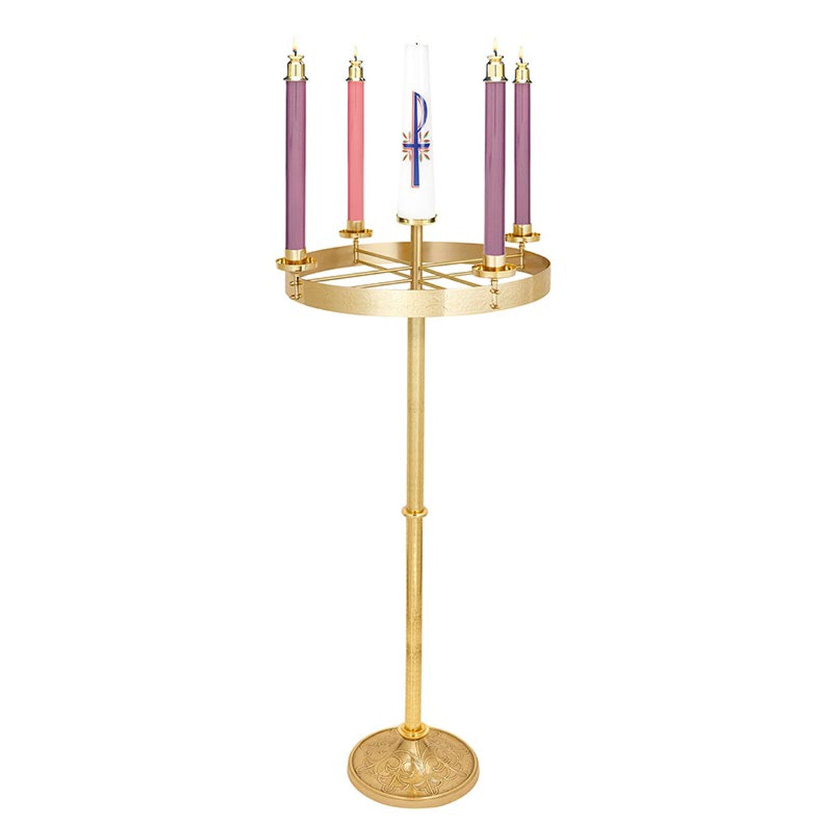 Siena Series Floor Advent Wreath - Elegant Brass Advent Candle Holder | 48 Inches Tall, one of the items in the Oil-Burning Siena Floor Advent Wreath Set: Wreath, Refillable Oil Candles, Liquid Paraffin and Wicks. A photograph of the assembled set is pending.