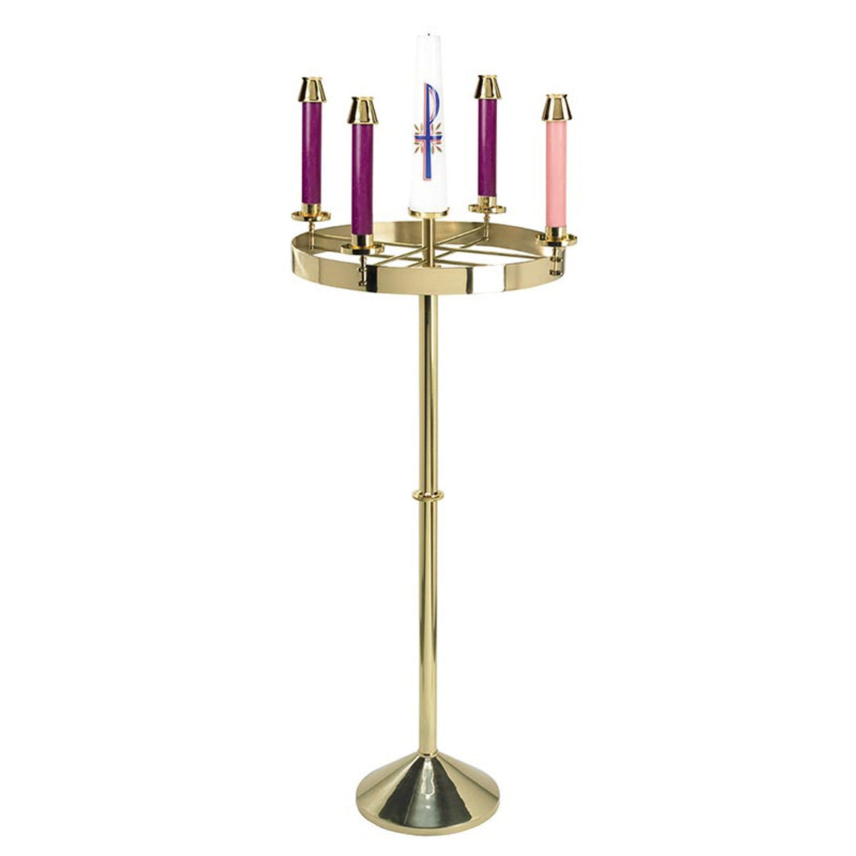 Elegant Brass Church Standing Advent Wreath - 48" Tall with 21" Wreath Diameter, one of the items in the Oil-Burning Standing Brass Advent Wreath Set: Wreath, Refillable Oil Candles, Liquid Paraffin and Wicks. A photograph of the assembled set is pending.