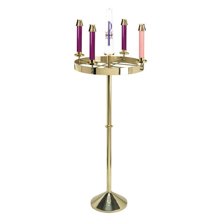 Elegant Brass Church Standing Advent Wreath - 48" Tall with 21" Wreath Diameter, one of the items in the Oil-Burning Standing Brass Advent Wreath Set: Wreath, Refillable Oil Candles, Liquid Paraffin and Wicks. A photograph of the assembled set is pending.