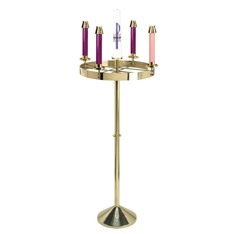 Elegant Brass Church Standing Advent Wreath - 48" Tall with 21" Wreath Diameter, one of the items in the Standing Brass Advent Wreath with 17-Inch Church Candles, Followers and Christ Candle. A photograph of the assembled set is pending.