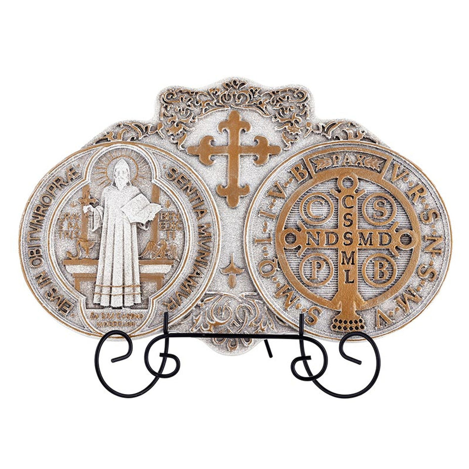 Saint Benedict Medal Plaque | Resin with Metal Stand | 11" W x 7-1/2" H