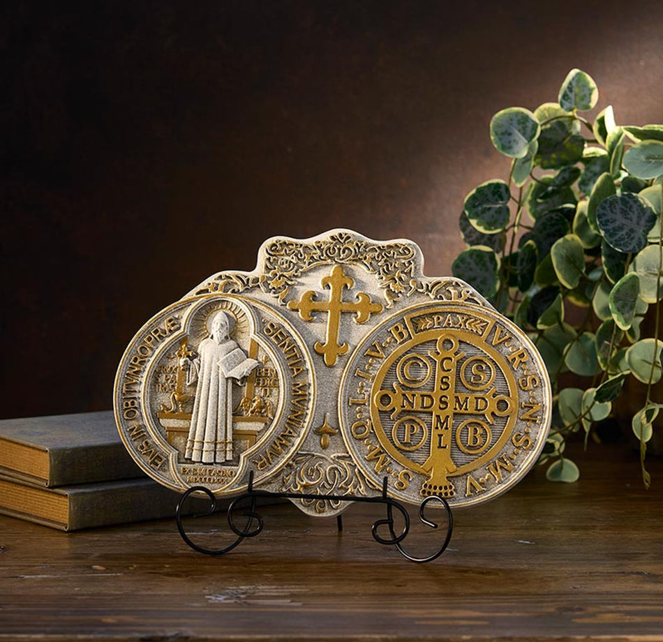 Saint Benedict Medal Plaque | Resin with Metal Stand | 11" W x 7-1/2" H