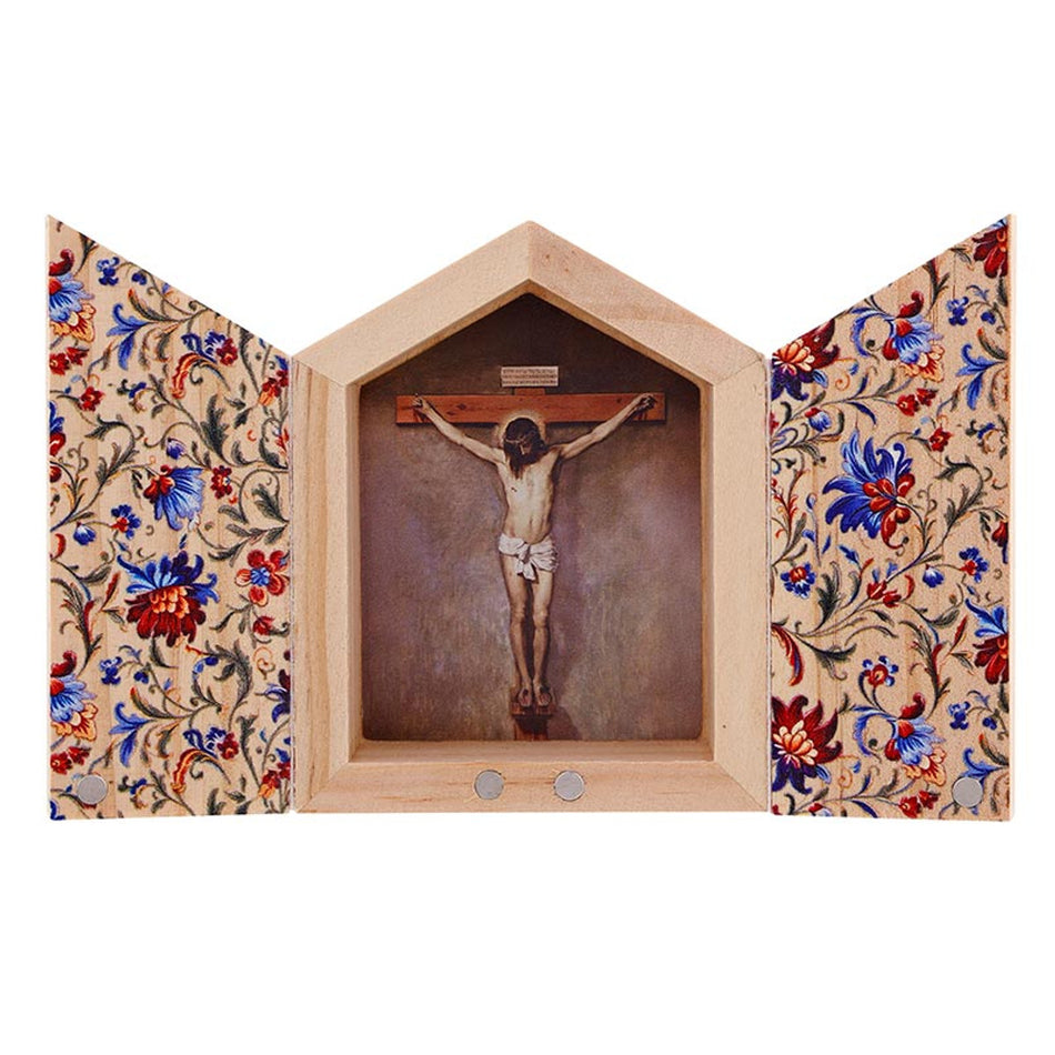 Crucifix Diptych | Wood Shrine-Style Desk Devotional | Set of 4