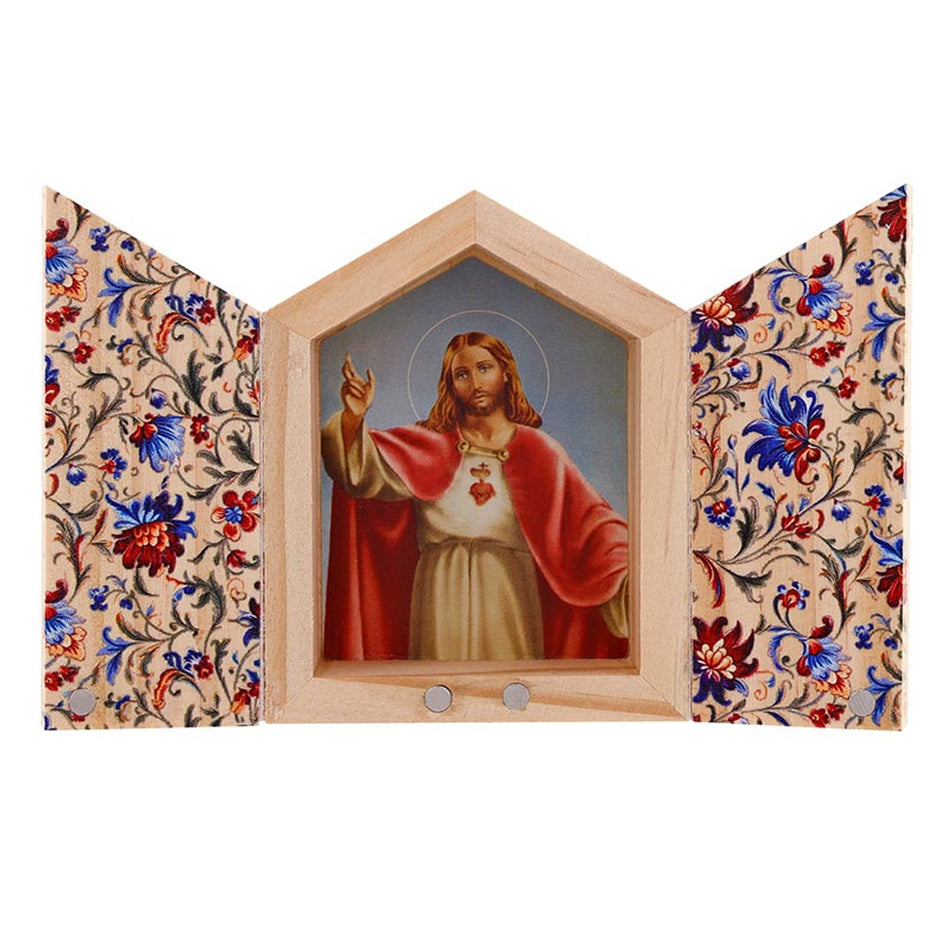 Sacred Heart Diptych | Wood Shrine-Style Desk Devotional | Set of 4