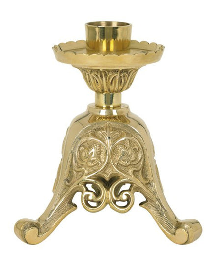 Europa Short Brass 8" Tall Altar Candlestick, one of the items in the Pair of Europa Short Altar Candlesticks with Candles and Followers. A photograph of the assembled set is pending.