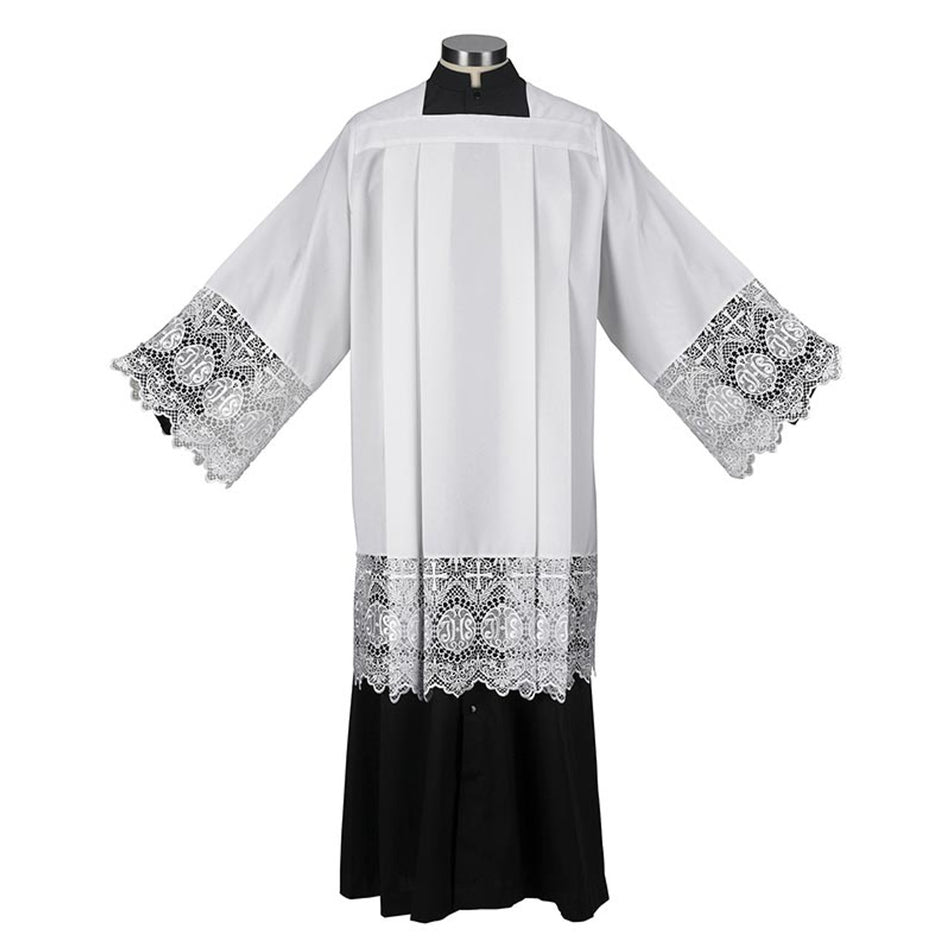 Elegant IHS Lace Edging Surplice – Classic Clergy Attire with IHS Embroidery