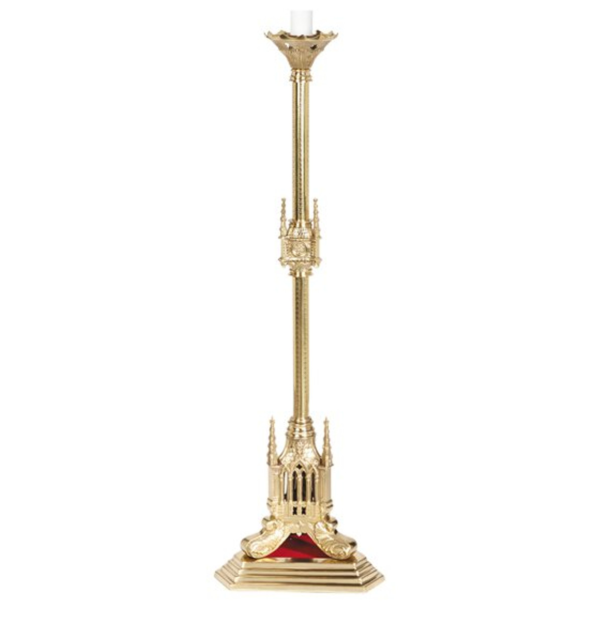 San Pietro Brass 44" Tall Paschal Candlestick, one of the items in the San Pietro Paschal Candlestick with Upon this Rock Paschal Candle and Follower. A photograph of the assembled set is pending.
