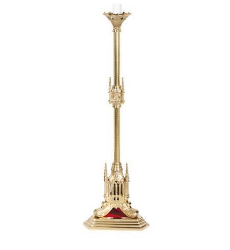 San Pietro Brass 44" Tall Paschal Candlestick, one of the items in the San Pietro Series Sanctuary Furnishings: Paschal Candlestick, Two Tall Altar Candlesticks and Sanctuary Light with Globe. A photograph of the assembled set is pending.