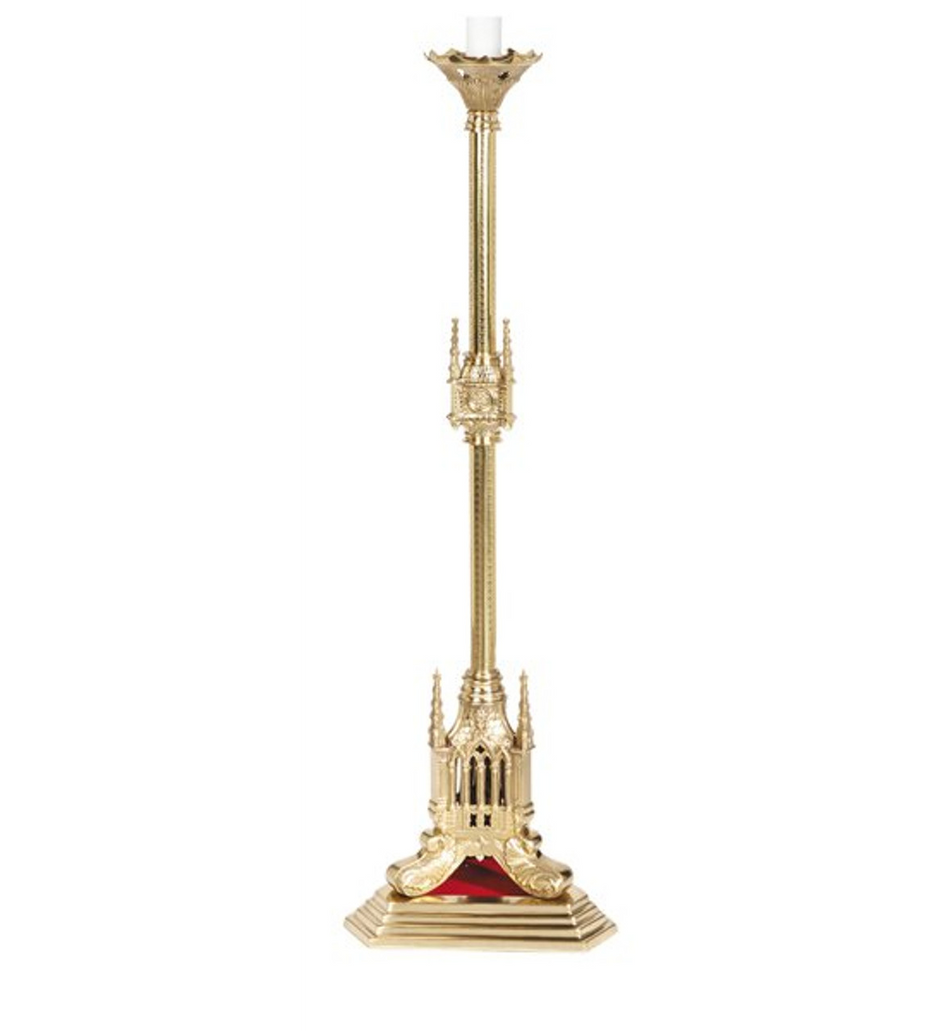 San Pietro Brass 44" Tall Paschal Candlestick, one of the items in the San Pietro Series Sanctuary Furnishings: Paschal Candlestick, Two Tall Altar Candlesticks and Sanctuary Light with Globe. A photograph of the assembled set is pending.