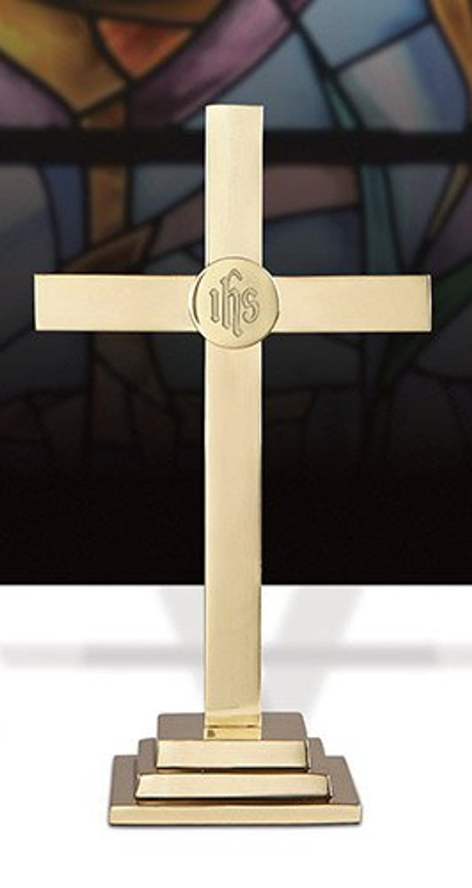 Classic Altar Cross with IHS Emblem - Available at 15", 18", or 24" - Brass Cross