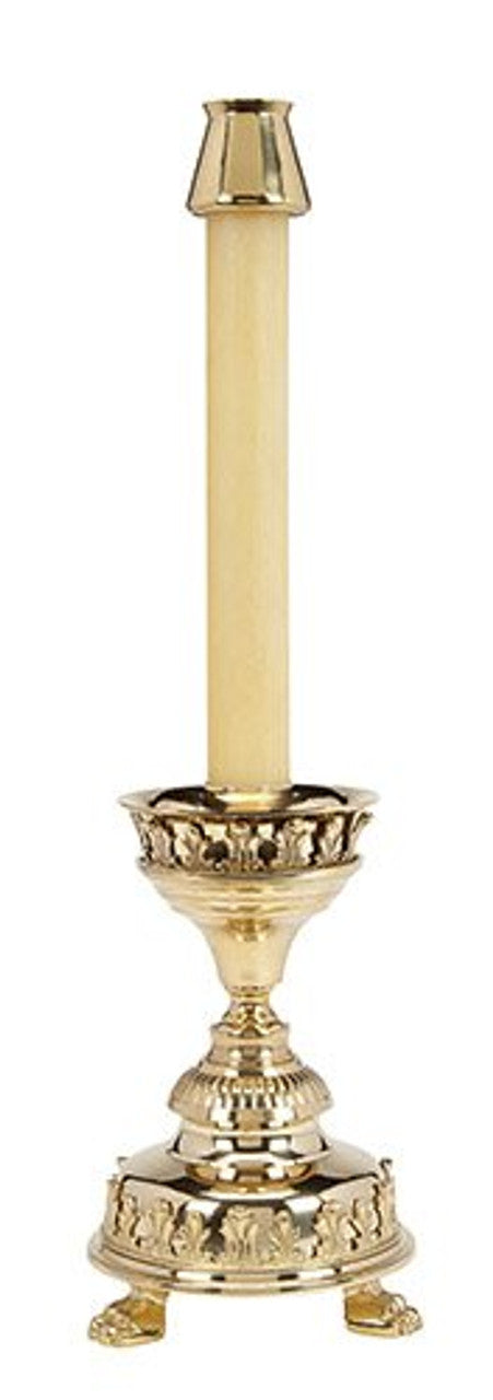 Notre Dame Brass 8-3/4" Tall Altar Candlestick, one of the items in the Pair of Notre Dame Altar Candlesticks with Emitte Liquid Candelas, Adapters, Liquid Candles, Followers and Flame Guards. A photograph of the assembled set is pending.