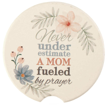 Never Underestimate A Mom Fueled by Prayer Yellow 2.75 x 2.75 Ceramic Car by Dicksons