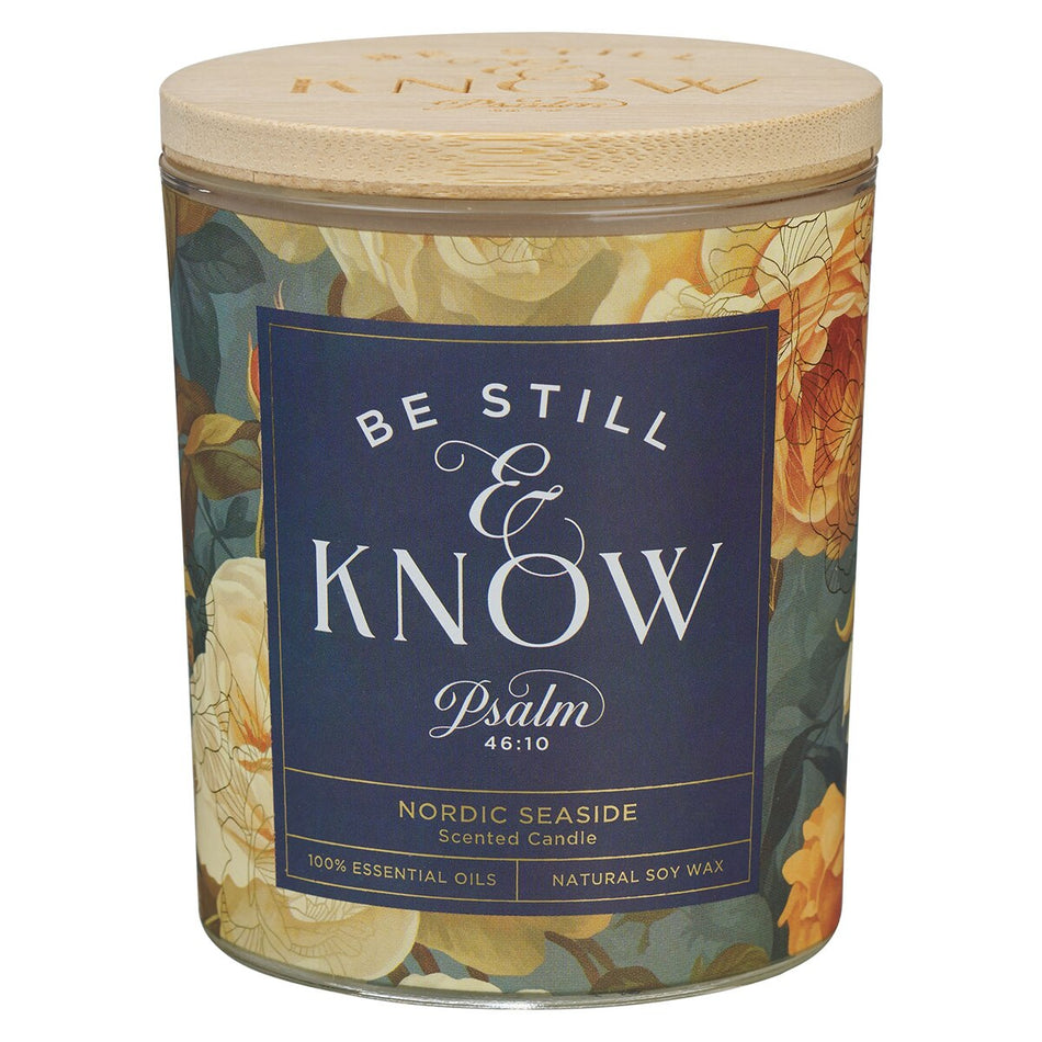 Be Still and Know Yellow Rose Nordic Seaside Scented Candle in a Glass Jar - Psalm 46:10 by Christian Art Gifts