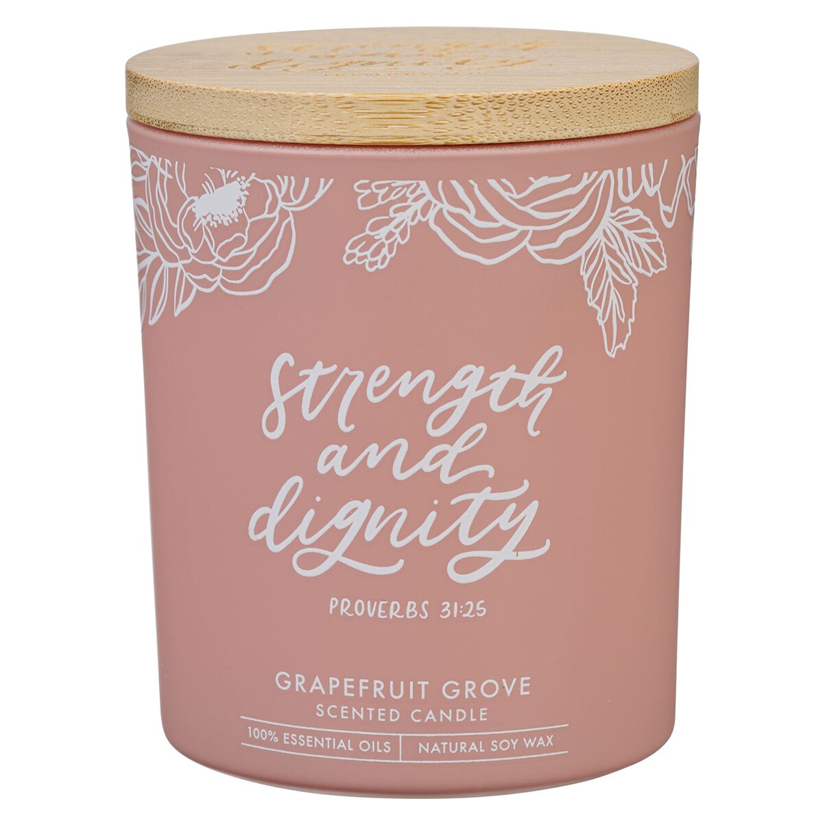 Strength and Dignity Grapefruit Scented Candle in a Peach Glass Jar- Proverbs 31:25 by Christian Art Gifts