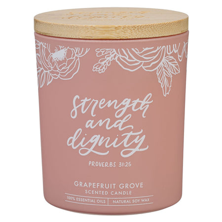 Strength and Dignity Grapefruit Scented Candle in a Peach Glass Jar- Proverbs 31:25 by Christian Art Gifts