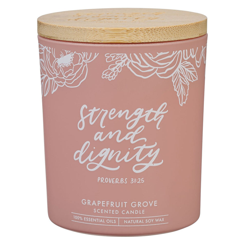 Strength and Dignity Grapefruit Scented Candle in a Peach Glass Jar- Proverbs 31:25 by Christian Art Gifts