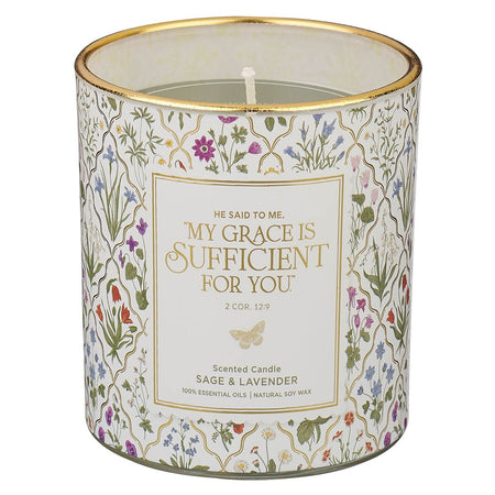 Sufficient Grace Sage and Lavender Scented Candle in a Glass Jar - 2 Corinthians 12:9 by Christian Art Gifts