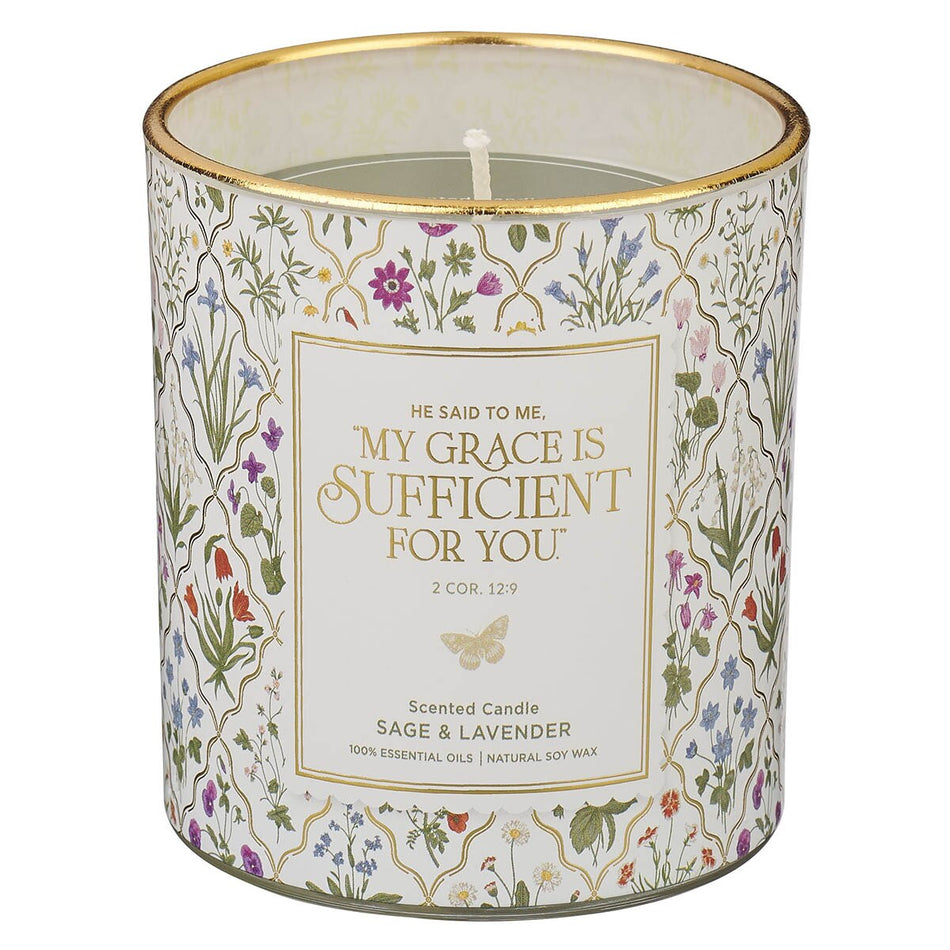 Sufficient Grace Sage and Lavender Scented Candle in a Glass Jar - 2 Corinthians 12:9 by Christian Art Gifts