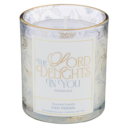 The Lord Delights in You Iced Fennel Scented Candle in a Glass Jar - Isaiah 62:4 by Christian Art Gifts