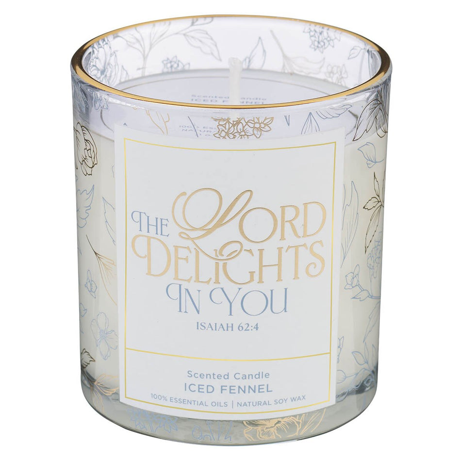 The Lord Delights in You Iced Fennel Scented Candle in a Glass Jar - Isaiah 62:4 by Christian Art Gifts