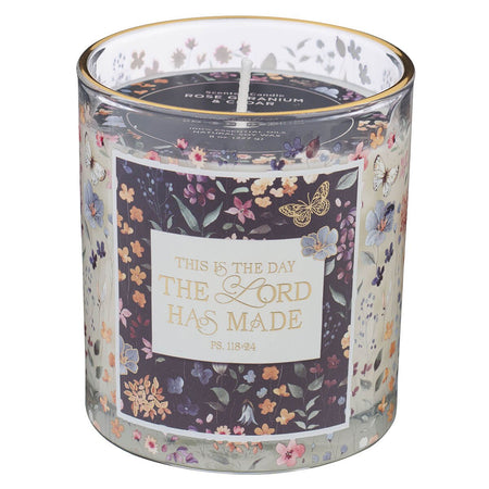 This Is the Day Rose Geranium and Cedar Scented Candle in a Glass Jar - Psalm 118:24. by Christian Art Gifts