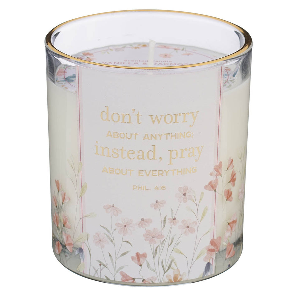 Don't Worry, Instead Pray Vanilla and Oakmoss Scented Candle in a Glass Jar - Philippians 4:6 by Christian Art Gifts