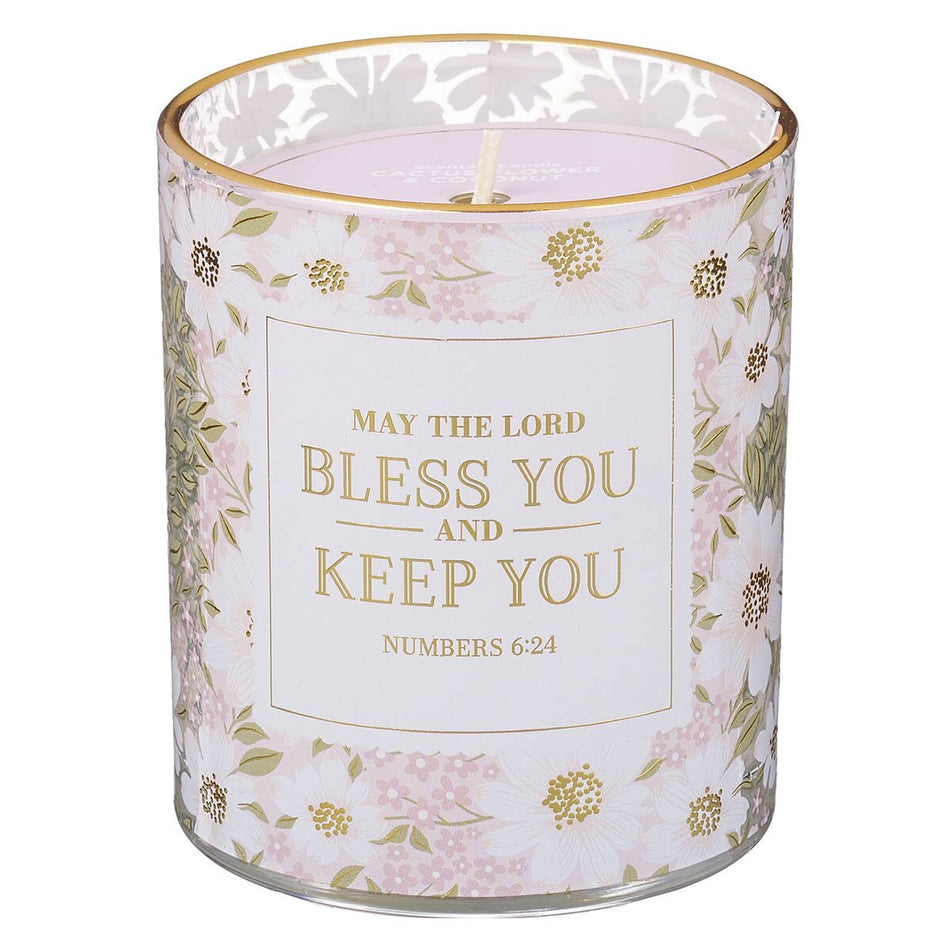 Bless and Keep You Cactus Blossom and Coconut Scented Candle in Glass Jar - Numbers 6:24 by Christian Art Gifts