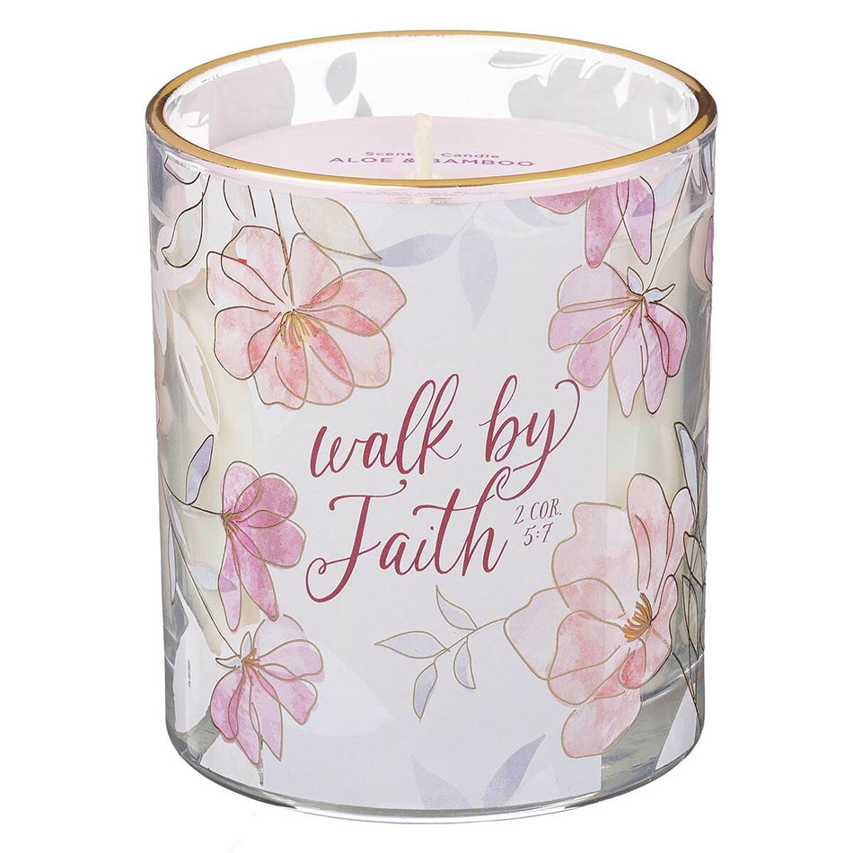 Walk by Faith Pink Aloe Bamboo Scented Candle in A Glass Jar - 2 Corinthians 5:7 by Christian Art Gifts