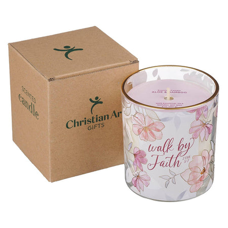 Walk by Faith Pink Aloe Bamboo Scented Candle in A Glass Jar - 2 Corinthians 5:7 by Christian Art Gifts, product view 3