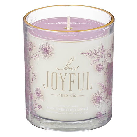Always Be Joyful Dusty Mauve Rain-Drenched Lotus Scented Candle in a Glass Jar - 1 Thessalonians 5:16. by Christian Art Gifts