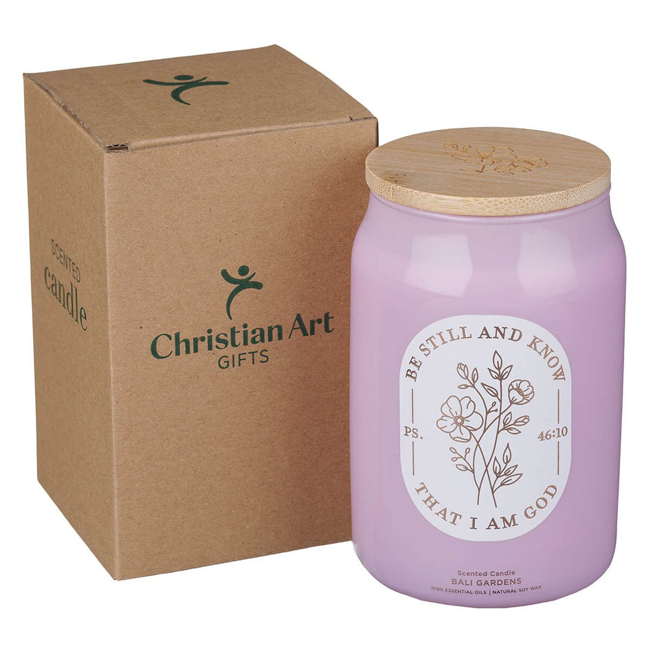Be Still and Know Bali Gardens Scented Candle in a Glass Jar - Psalm 46:10 by Christian Art Gifts, product view 2