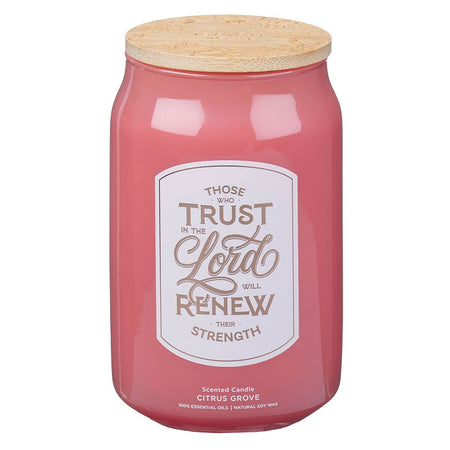 Trust In The Lord Coral Cascade Citrus Grove Scented Glass Candle in a Glass Jar - Isaiah 40:31 by Christian Art Gifts