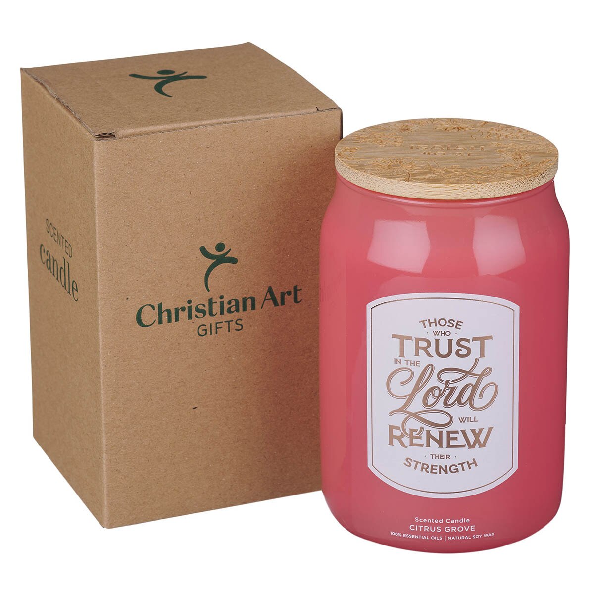 Trust In The Lord Coral Cascade Citrus Grove Scented Glass Candle in a Glass Jar - Isaiah 40:31, product view 2