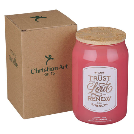 Trust In The Lord Coral Cascade Citrus Grove Scented Glass Candle in a Glass Jar - Isaiah 40:31, product view 2