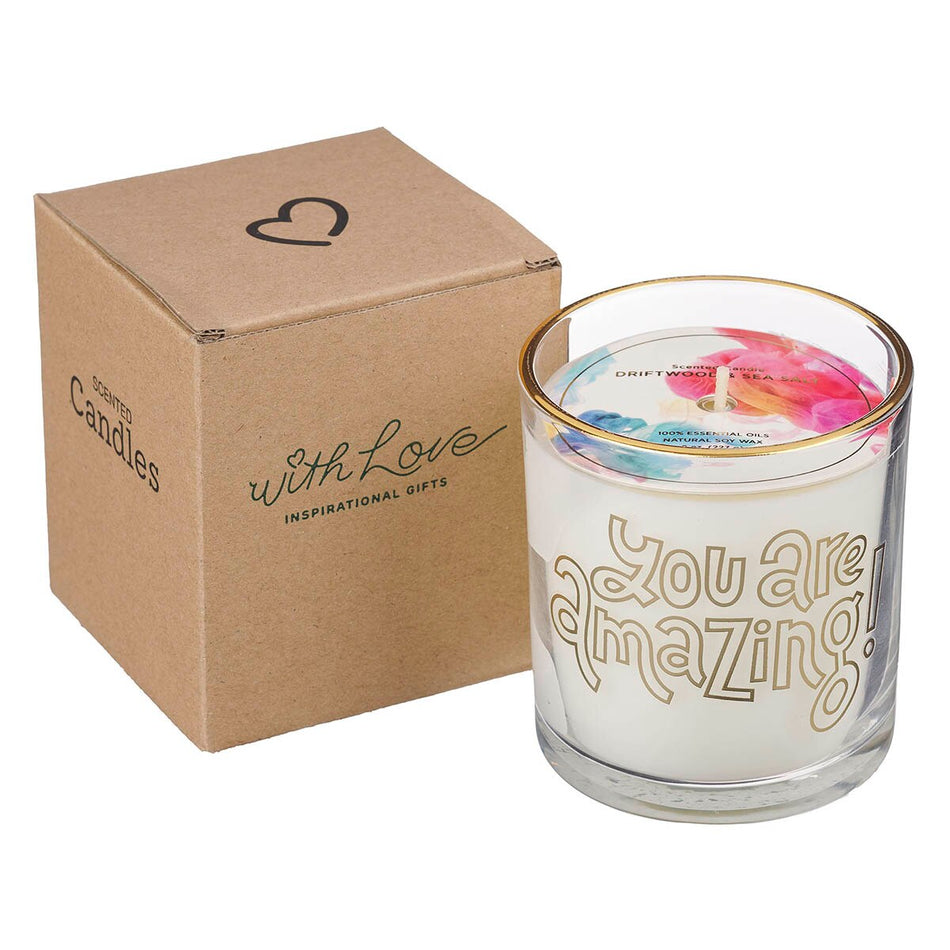 You Are Amazing Driftwood and Sea Salt Scented Candle in a Glass Jar by Christian Art Gifts, product view 2