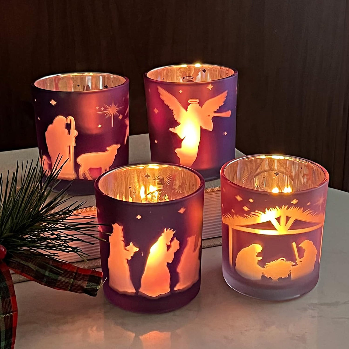 Advent Glass Votive Candle Holders with Nativity Scenes - 4 Pack, one of the items in the Advent Glass Votive Holders with Tea Lights. A photograph of the assembled set is pending.
