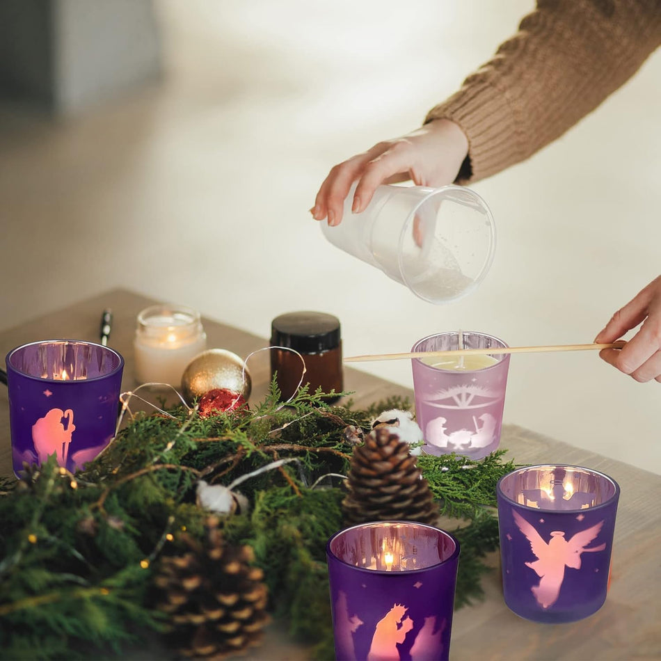 Advent Glass Votive Candle Holders with Nativity Scenes - 4 Pack