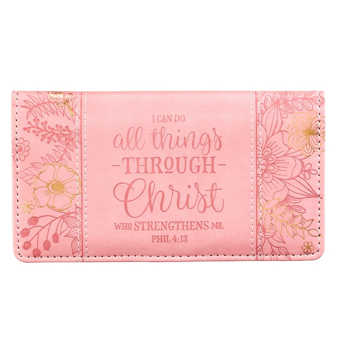 All Things Through Christ Pink Floral Faux Leather Checkbook Wallet - Philippians 4:13 by Christian Art Gifts