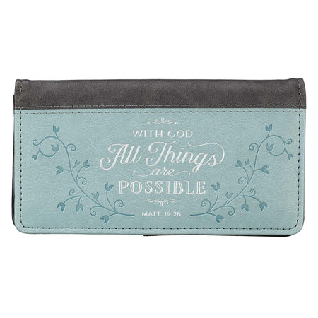 All Things Are Possible Two-tone Gray and Blue Faux Leather Checkbook Cover -Matthew 19:26 by Christian Art Gifts