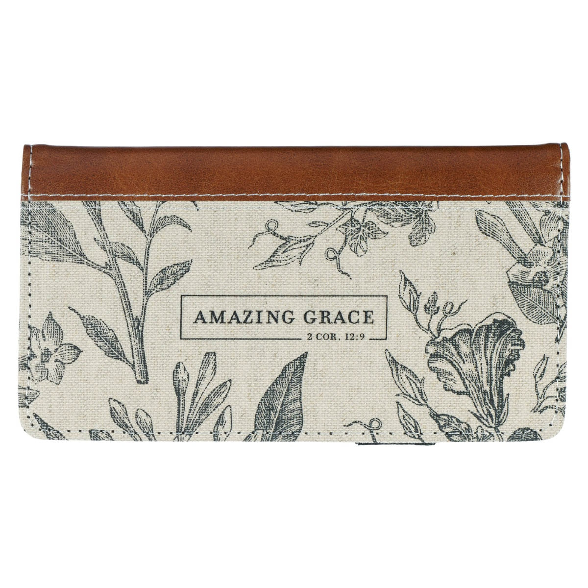 Amazing Grace Natural Canvas and Faux Leather Checkbook Wallet - 2 Corinthians 12:9 by Christian Art Gifts