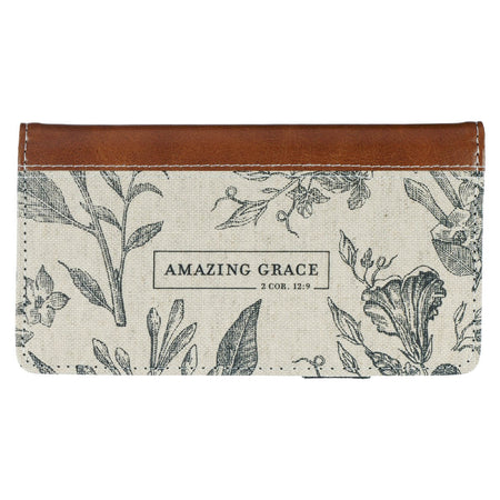 Amazing Grace Natural Canvas and Faux Leather Checkbook Wallet - 2 Corinthians 12:9 by Christian Art Gifts