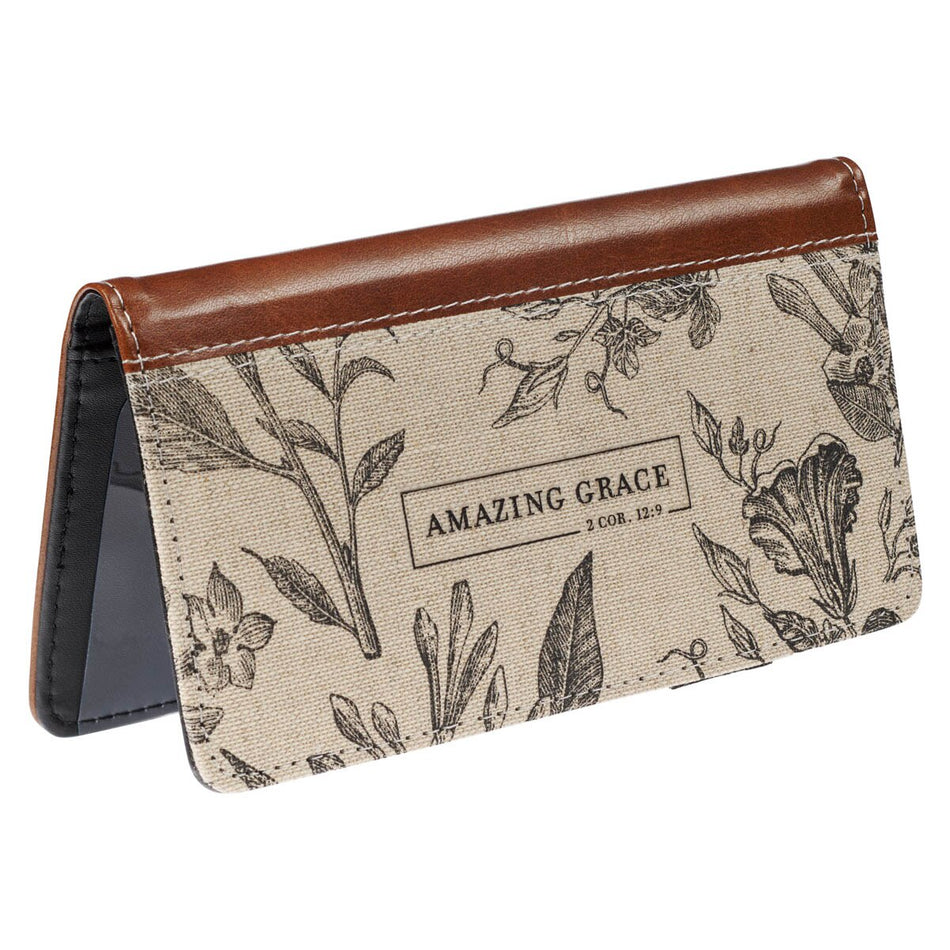 Amazing Grace Natural Canvas and Faux Leather Checkbook Wallet - 2 Corinthians 12:9 by Christian Art Gifts, product view 2