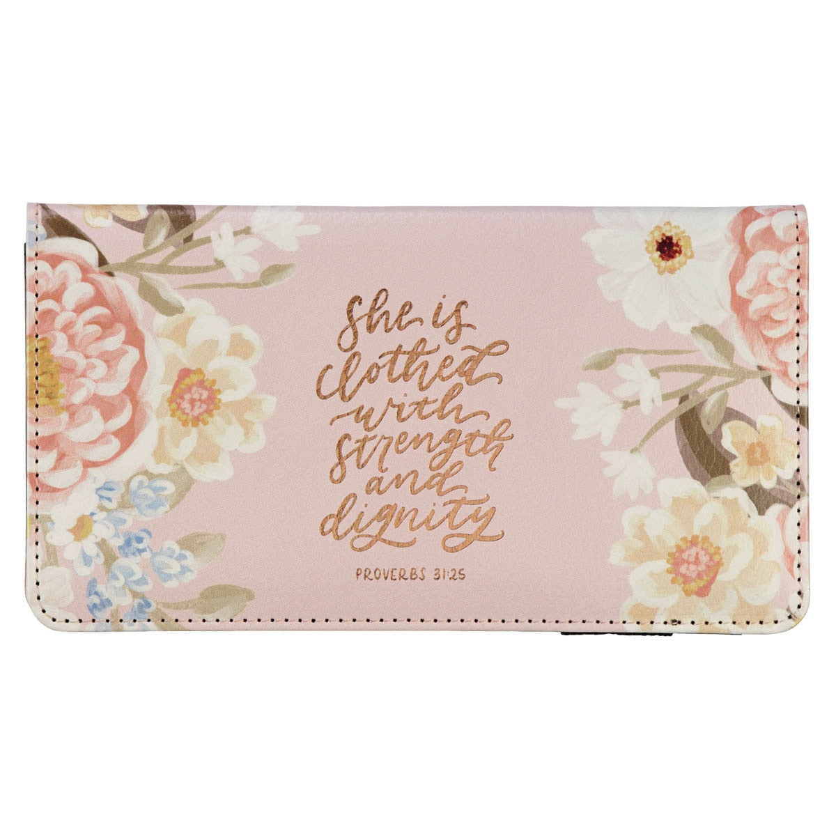 Strength and Dignity Margo Pink Floral Faux Leather Checkbook Wallet - Proverbs 31:25 by Christian Art Gifts