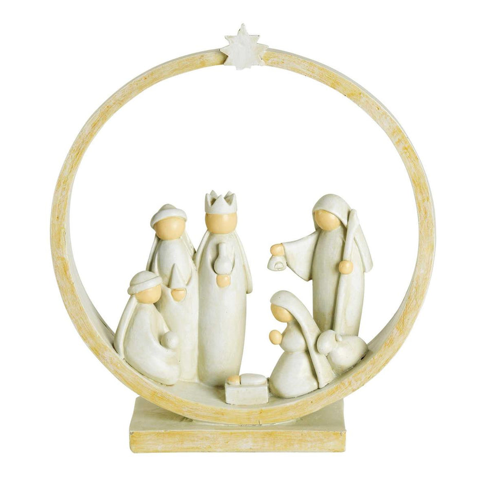 Nativity Scene in Circular Creche Distressed White 8 Inch Christmas Tabletop by Dicksons