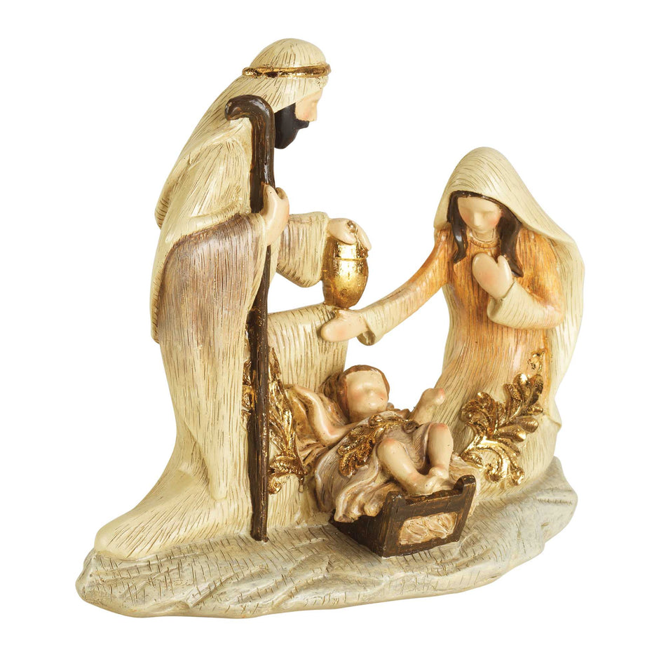 Holy Family Tan and Gold Tone 6.5 Inch Resin Christmas Tabletop Figurine by Dicksons, product view 2