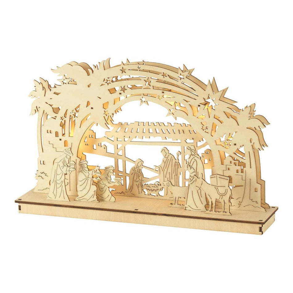 Natural Brown Nativity Manger LED 11 x 17 Plywood Decorative Tabletop Figurine by Dicksons