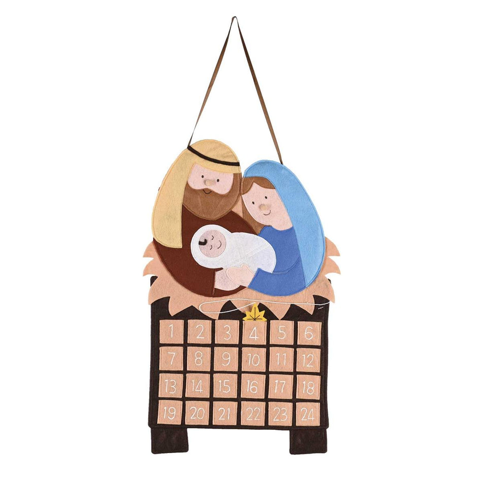 Hanging Christmas Countdown Advent Calendar 13.75 x 17.5 Inch Felt Holy Family, one of the items in the Holy Family Countdown Advent Calendar with The One We're Waiting For. A photograph of the assembled set is pending.