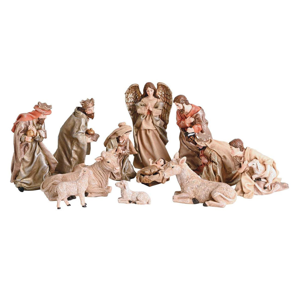 Christmas Nativity Tan and Brushed Gold Tone 7 Inch Resin Figurine Set of 12 by Dicksons