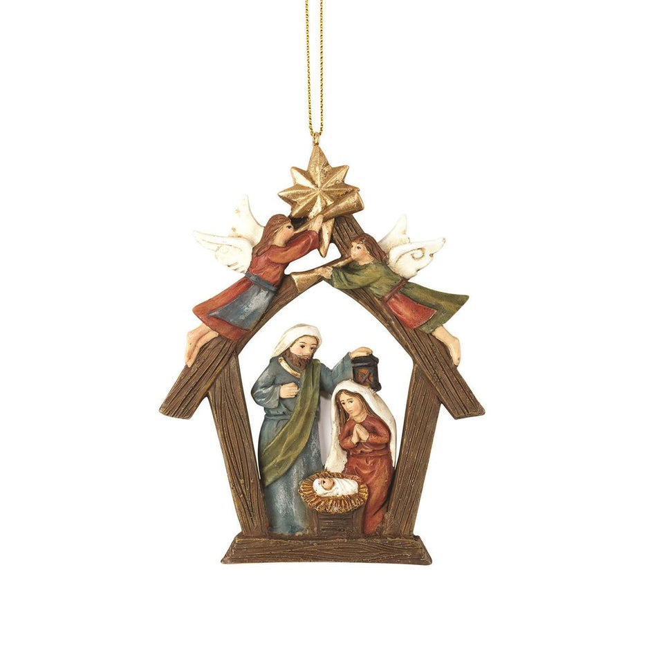 Rustic Brown Creche with Angel Nativity 4.5 x 3.5 Resin Decorative Hanging by Dicksons